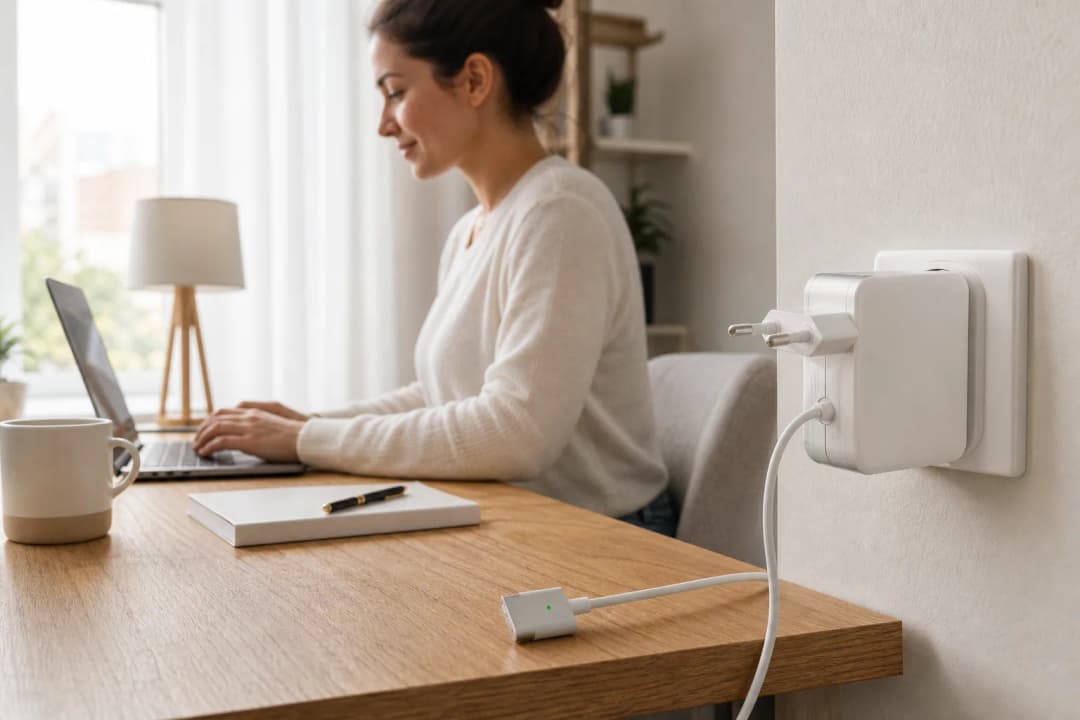 Adaptador de carga en escritorio, escena generada con IA